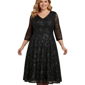 SLNY Women's Black Sequined A-Line Lace Dress Plus Size-20W
